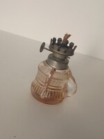 Régi füles fogantyús kicsi mini színtelen üveg virrasztó petróleum olaj mécses lámpa 8,5 cm