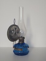 Antik régi nagy asztali fali akasztós konyhai petróleum lámpa kobalt kék üveg tükrös fényvető 35,5cm