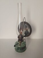 Antik régi különleges asztali fali petróleum lámpa tükrös fényvető zöld üveg Salgótarjáni 32,5 cm