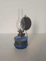 Antik régi kicsi mini különleges asztali fali virrasztó petróleum lámpa kék üveg Salgótarjáni 18 cm