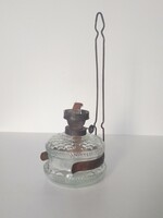 Antik régi asztali fali akasztós konyhai petróleum lámpa színtelen öntött üveg Salgótarján 28,5 cm