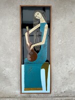 Bolbáné Széles Magda - Gitározó nő tűzzománc falikép