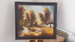 Szép szignózott tájkép festmény kis tanyával 78x70 cm kerettel