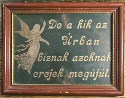 Antik Angyalos Falikép 1906-ból - Kézzel Égetett Pirográfia Ezüstözött Bibliai Idézettel