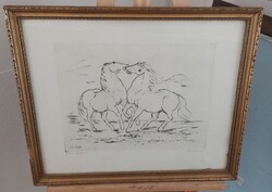 Borsos Miklós játszó lovak rézkarc  58x48 cm kerettel