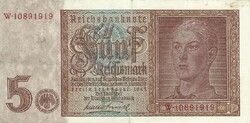 5 reichsmark reichsmarka 1942 Németország 8 jegyű sorszám 2.