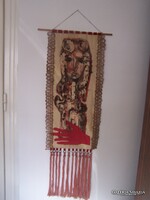 Retro batikolt falikárpit kollázs betéttel 1960 körüli iparművészeti alkotás 95 x 30 cm