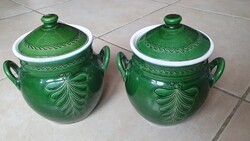 2 db zöld mázas agyag edény fedővel karcolt levél mintával