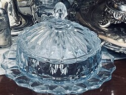 Kék öntött üveg  fedeles vajtartó