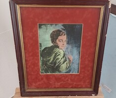 Szignózott színezett rézkarc, hátulján szép grafika 52x43 cm kerettel