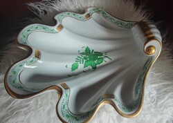 Herendi porcelán zöld Apponyi mintás kagyló kínáló tál