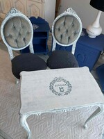 Romantikus, shabby chic bútor szett – asztal + 2 db kárpitozott szék