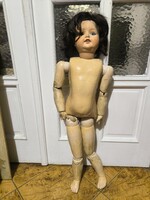 Hatalmas 81 cm ,fatestű antik massé üveg szemű baba . Jelzett fejű porcelán jellegű. Megàll a làbàn