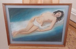(K) Női akt pasztell kép 50x36 cm kerettel
