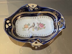 ILMENAU PORCELÁN, FÁCÁN MADÁR ÉS RÓZSA VIRÁG DÍSZÍTÉSŰ KÉK SZÍNŰ, JELZETT NÉMET TÁL