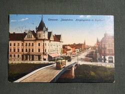 Képeslap,Románia,Temesvár,Timișoara,Józsefváros,horgonypalota és Royalszálló,híd,villamos,1915