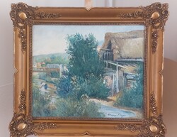 Tihanyi János Lajos gyönyörű falurészlet - életkép festménye  79x66 cm kerettel