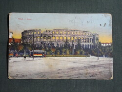 Képeslap,Horvátország,Póla,Pula,aréna,villamos,városi látkép,részlet,katona levél,1915-