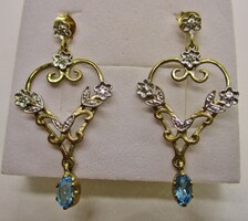 Szépséges  antik szecessziós aranyfülbevaló kéktopáz és gyémánt kövekkel