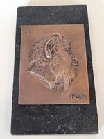 Pán - Antik szignált bronz plakett gránitlapon, asztaldísz, papírnehezék