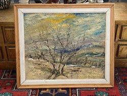 KORA TAVASZI TÁJKÉP, OLAJ, FALAP FESTMÉNY, EREDETI KERETBEN 74 X 63 CM