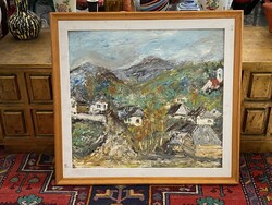 FALU KÉP, DOMBOKKAL, TÁJKÉP, OLAJ, FALAP FESTMÉNY, EREDETI KERETBEN 75 X 70 CM