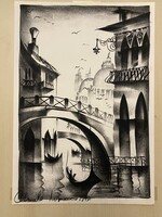 1974 VELENCE, JELZETT VÁROSKÉP 2 HÍDDAL GRAFIKA, RAJZ 50 X 40 CM