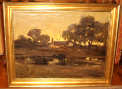 TAVASZI AKCIÓ! MONUMENTÁLIS  UDVARY PÁL / 1900-1987 / : BIVALYOK AZ ESTI SZÜRKÜLETBEN