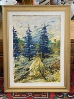 TÁJKÉP BOGLYÁVAL ÉS 2 FENYŐFA, TÁJKÉP OLAJ, FALAP FESTMÉNY, EREDETI KERETBEN 89 X 68 CM