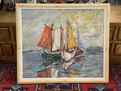 VITORLÁSOK A TENGERPARTON, TÁJKÉP, OLAJ, FALAP FESTMÉNY, EREDETI KERETBEN 67 X 79 CM