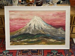 HAVAS HEGYCSÚCS, RÓZSASZÍN NAPLEMENTÉBEN, TÁJKÉP, OLAJ, FALAP FESTMÉNY, EREDETI KERETBEN 94 X 64 CM