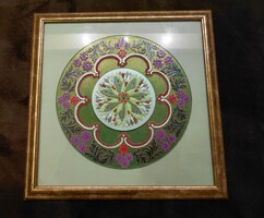Falikép, festett üveg mandala ábrázolással, faléc kerettel