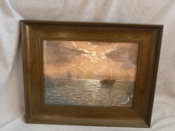 Régi festmény akvarell pasztell keretben tengeri jelenet vitorlásokkal tenger hajó Fiume 1902