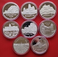 8db Komplett Várak sorozat 1 unciás 925% ezüstérmék UNC állapotban. Certi, prospektus nélkül.
