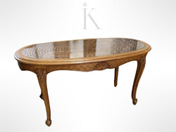 Neobarokk rusztikus faragott tölgyfa dohányzóasztal üveglappal