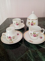 Régi hollóházi vadrózsás porcelán kávés készlet: 3 csésze,  4 csészealj  + cukortartó tetővel