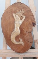 Szép fafaragvány sellő, akt  42x29 cm