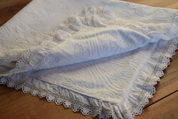 ANTIK régi Art Deco régi len damaszt asztalterítő terítő abrosz madeira csipkés bélelet 100 x 85