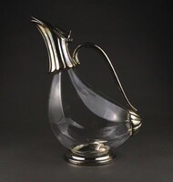 1Y900 Régi különleges alakú ezüstözött fém nyakú és fülű asztali italkínáló üveg karaffa 25 cm
