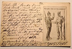 „I. világháborús Feldpost képeslap – Osztrák–Magyar katonák kézfogása – 1915