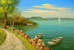 Akciós ár: Lantos György: Balatonpart csónakokkal 20x30 cm