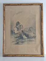 Antik L. Hicks - W.French : Gipsy Anglers - Cigány horgászok acélmetszet illusztráció