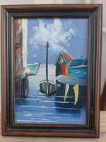 Parányi tájkép (hajó, vízpart) festmény  12x16 cm kerettel