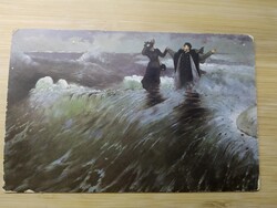 Régi képeslap,háborgó tenger, nő és férfi, használt, 1915