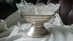 Sandrik, jelz. Ezüstözött art deco kínáló-asztalközép ólomkristály tállal -látványos asztali kellék