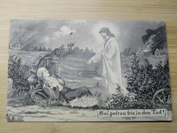 Régi rajzos képeslap, katona, "Sei getreu bis in den tod" "Légy hű mindhalálig", 1915