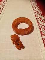 Régi valódi orosz borostyán ékszerek: szőlő levél bross kitűző és karkötő