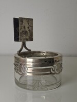 Antik ezüst peremes csiszoltüveg cigaretta kínáló hamutartó gyufatartó éttermi kínáló