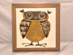 Bolbáné Szeles Magda - retro zsűrizett Iparművészeti kerámia bagoly falikép,csempekép