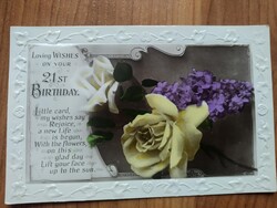 Régi virágos képeslap,sárga rózsa, orgona, széle dombornyomott, 1930-ból